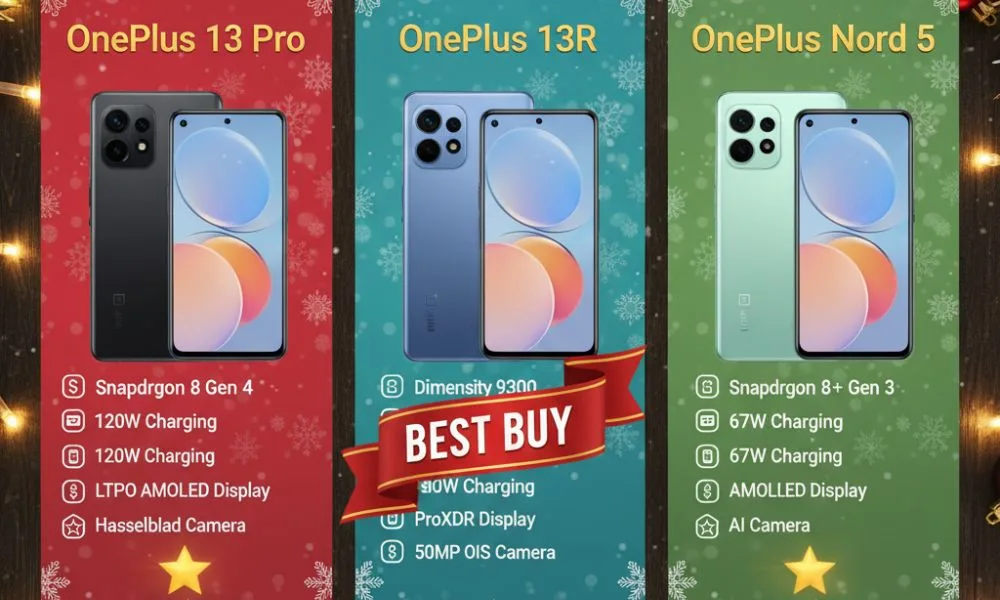 Comparison infographic of OnePlus 13 Pro, 13R, and Nord 5 highlighting features and prices for festive sale buyers.