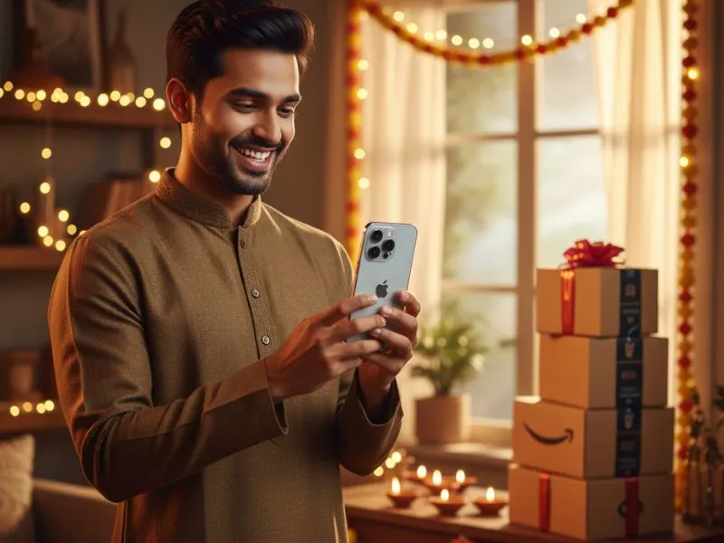 Young shopper holding smartphone during Amazon Great Indian Festival 2025 with Diwali lights and Amazon delivery box.