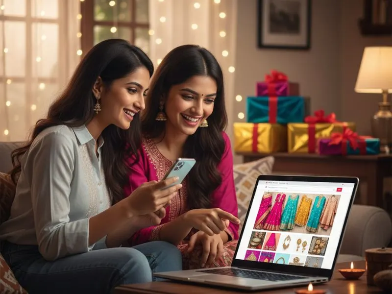 Friends shopping for ethnic festive wear during Amazon Great Indian Festival 2025 online.