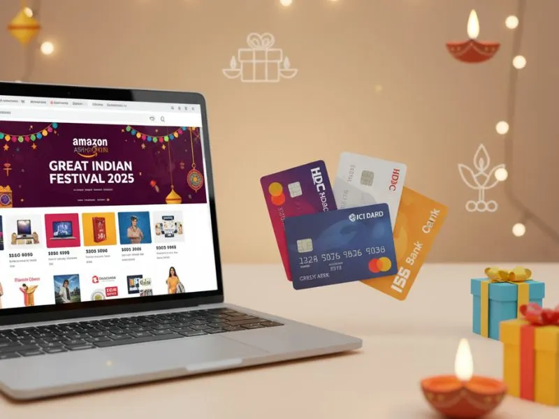 Bank credit cards with Amazon Great Indian Festival 2025 offers displayed on laptop screen.