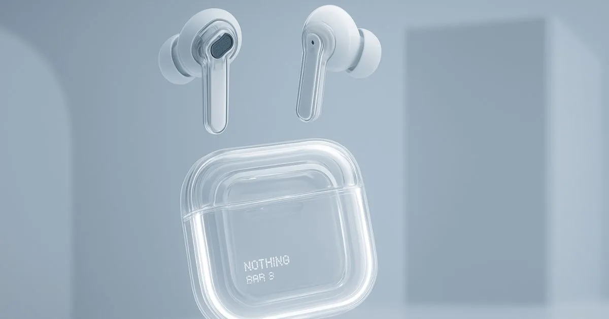 Futuristic thumbnail of Nothing Ear 3 earbuds with transparent case.