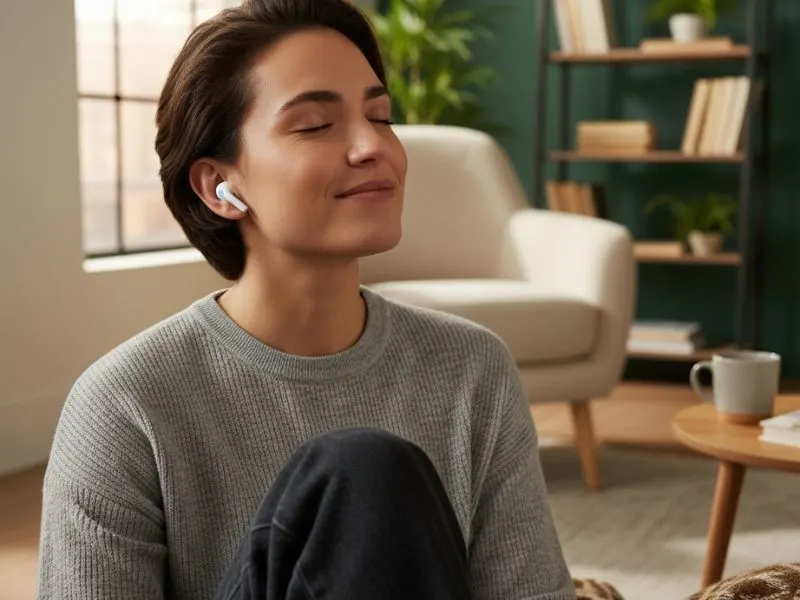 व्यक्ति अपने Best Earbuds Under 1500 पहनकर music का आनंद ले रहा है, प्राकृतिक रोशनी में, आरामदायक कमरे की सेटिंग, focus earbuds पर।