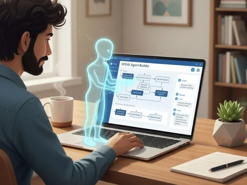 OpenAI Agent Builder Interface Par Laptop Par Kaam Karta Hua Blogger