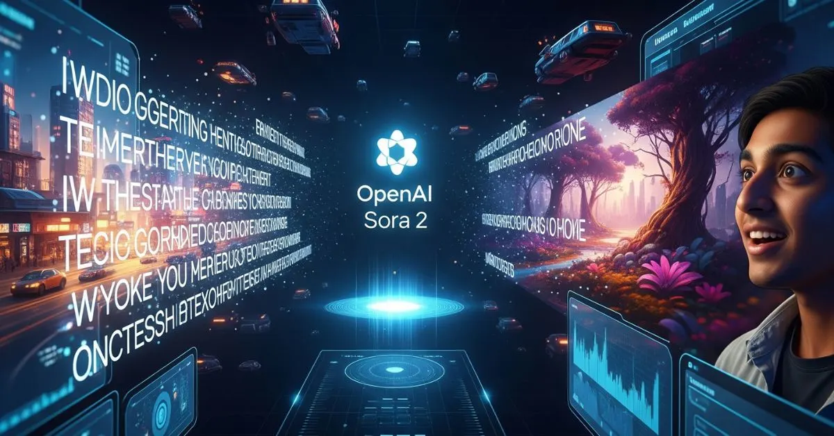 OpenAI Sora 2 logo ke saath ek futuristic text-to-video generation scene, jisme Indian user dikh raha hai.