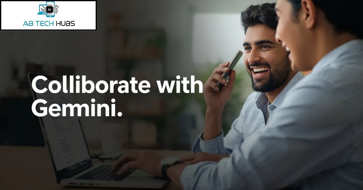 Indian person using laptop and smartphone with Google Drive Collaborate with Gemini feature open, realistic YouTube-style thumbnail