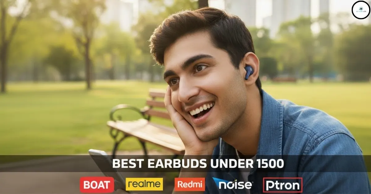 ₹1500 se kam ke behtareen earbuds ka YouTube thumbnail. Ek khushdikhta ladka naye earbuds ka maza le raha hai. Upar likha hai: 'BEST SOUND!'. Boat, Realme, Redmi, Noise, aur pTron ke loge bhi hain.