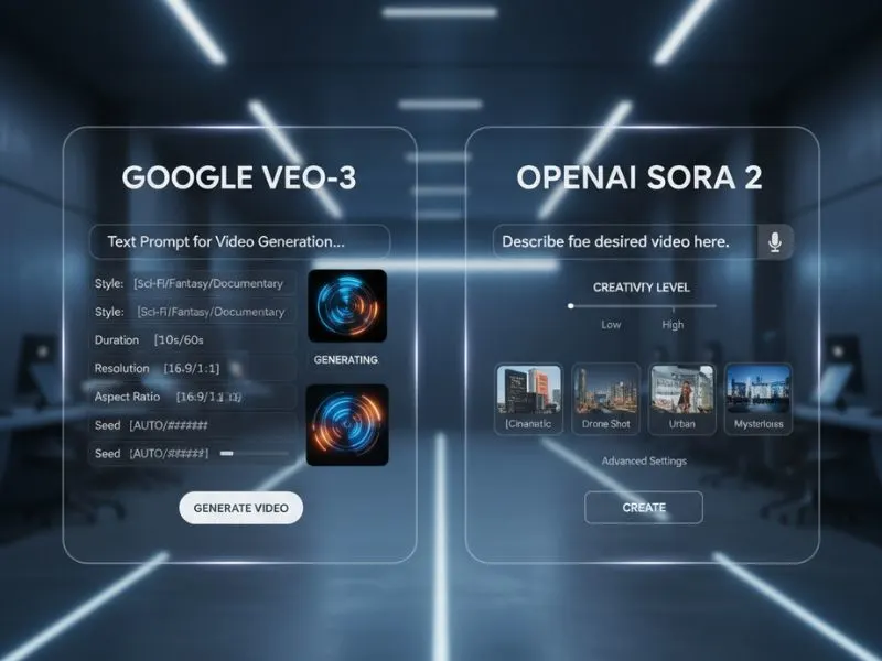 Google Veo-3 aur OpenAI Sora 2 video generator ka interface comparison screen.