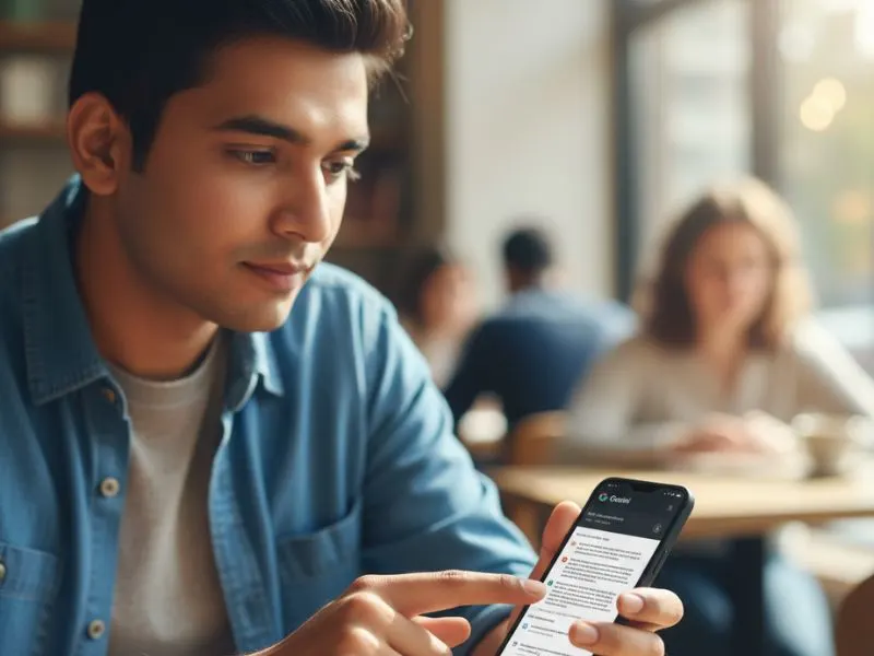 Indian user using Google Drive app with Gemini AI assistant on smartphone