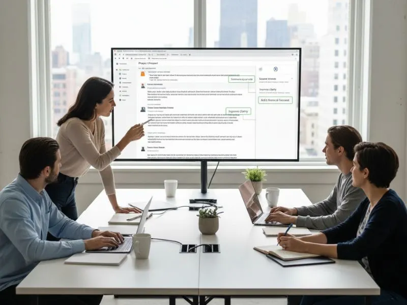 Team collaborating on Google Drive document with Gemini AI suggestions